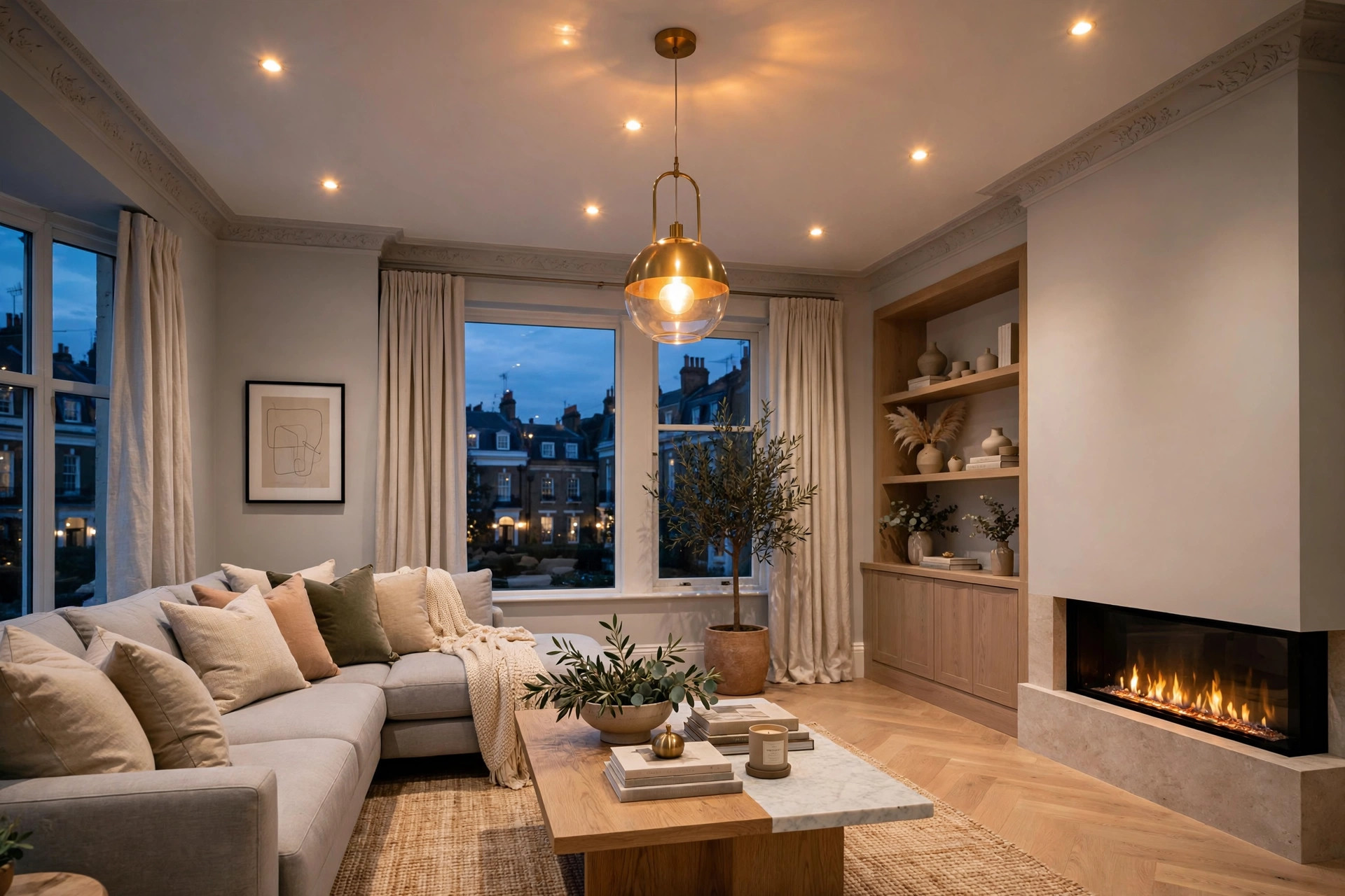Bright modern living room with well-planned lighting